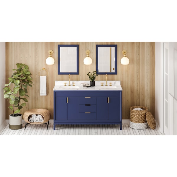 Jeffrey Alexander 60In. Blu Theodora Vanity, Dbl Bowl, Calacatta Vienna Quartz Vanity Top, 2 Undrmnt Rctngl Bowls VKITTHE60BLCQR - main